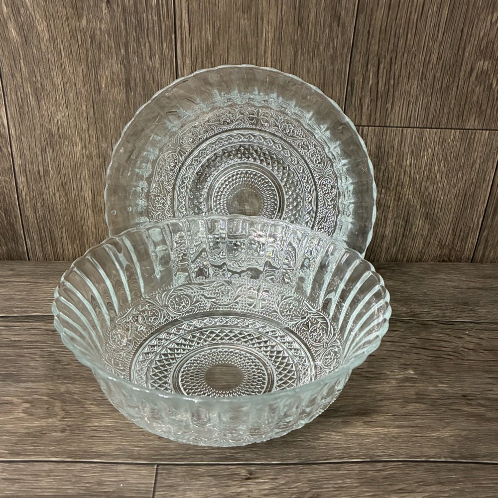 Vintage Pressed Glass Serving Bowls | Set of 2 | Scalloped Edge